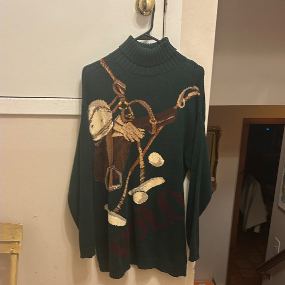 Ralph Lauren Blue Label Hunter Green Turtleneck Sweater with Horse Motif